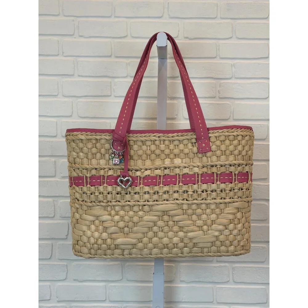 Brighton Woven Straw Tote Pink Leather Trim Heart Charm Shoulder Bag